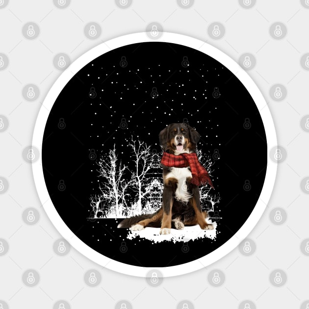 Christmas English Shepherd With Scarf In Winter Forest Magnet by SuperMama1650